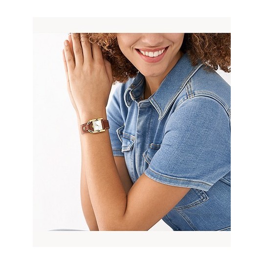 Montre Femme Croton Quartz Dorée - Cadran Rectangulaire 40mm, Bracelet Cuir Marron - Neuf Avec Boîte