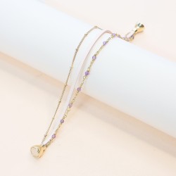 BRACELET FEMME FLOWERS FOR ZOE ORPHEE ROSE PETALE EN ARGENT DORE  CUIR ROSE PALE ET AMETHYSTE 17 CM