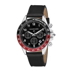 MONTRE HOMME MAUBOUSSIN RAGE DE VIVRE  CADRAN NOIR BRACELET CUIR NOIR TACHYMETRE ROUGE ET NOIR