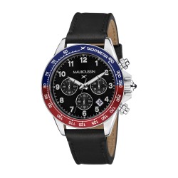 MONTRE HOMME MAUBOUSSIN RAGE DE VIVRE  CADRAN NOIR BRACELET CUIR NOIR TACHYMETRE ROUGE ET BLEU