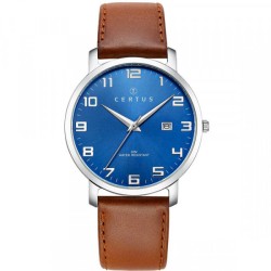 MONTRE CERTUS HOMME BRACELET CUIR MARRON CADRAN BLEU DATEUR A 3H