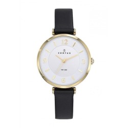 MONTRE CERTUS FEMME  BRACELET CUIR LISSE NOIR BOITIER ROND DORE INDEX DORES