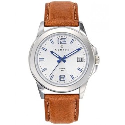 MONTRE CERTUS HOMME BRACELET CUIR MARRON CLAIR CADRAN BLANC INDEX ET AIGUILLES BLEUS DATEUR A 3H