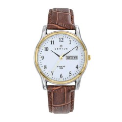 MONTRE CERTUS HOMME BRACELET CUIR MARRON BOITIER BICOLORE DATEUR JOUR ET DATE A 3H