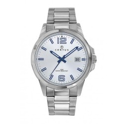 MONTRE CERTUS HOMME BRACELET ACIER DATEUR A 3H INDEX ET AIGUILLES BLEUS