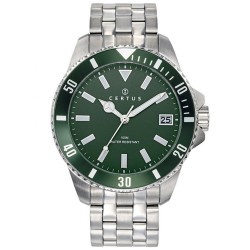 MONTRE CERTUS HOMME BRACELET ACIER DATEUR A 3H CADRAN ET LUNETTE VERTS