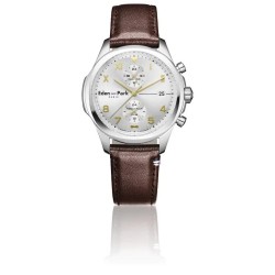 MONTRE HOMME EDEN PARK FRENCH FLAIR CLUB QUARTZ BRACELET CUIR MARRON CADRAN GRIS SOLEIL DATEUR CHRONOGRAPHES