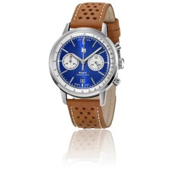 Montre Homme LIP Rallye Chrono cadran bleu bracelet cuir marron