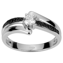 Bague solitaire accompagné femme carador en argent avec oxydes de zirconium noir et blanc