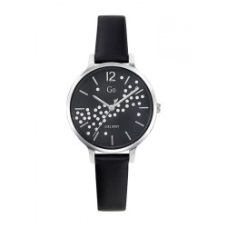 MONTRE GO GIRL ONLY BRACELET CUIR NOIR  BOITIER ROND ARGENTE CADRAN NOIR AVEC STRASS