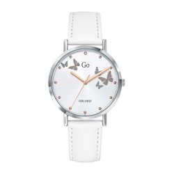 MONTRE GO GIRL ONLY BRACELET CUIR BLANC BOITIER ARGENTE CADRAN BLANC AVEC PAPILLONS ARGENTES