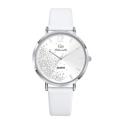 MONTRE GO GIRL ONLY BRACELET CUIR BLANC BOITIER ARGENTE CADRAN ARGENTE AVEC STRASS