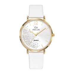 MONTRE GO GIRL ONLY BRACELET CUIR BLANC BOITIER DORE CADRAN ARGENTE AVEC STRASS