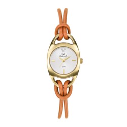 MONTRE GO BRACELET BRINS CUIR ORANGE BOITIER DORE