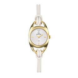 MONTRE GO BRACELET BRINS CUIR BLANC BOITIER DORE