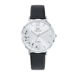 MONTRE GO GIRL ONLY BRACELET CUIR NOIR BOITIER ARGENTE CADRAN ARGENTE AVEC STRASS BLANCS ET NOIRS