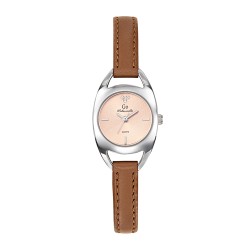 MONTRE GO GIRL ONLY BRACELET CUIR MARRON AVEC SURPIQURES BOITIER ARGENTE CADRAN ROSE