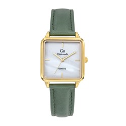 MONTRE  GO MADEMOISELLE BRACELET CUIR VERT AVEC SURPIQURES BOITIER CARRE DORE CADRAN ARGENTE