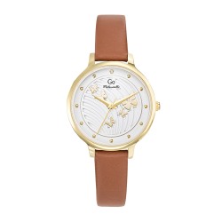 MONTRE GO MADEMOISELLE BRACELET CUIR MARRON  BOITIER DORE CADRAN BLANC AVEC PAPILLONS DORES