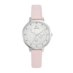 MONTRE GO MADEMOISELLE BRACELET CUIR ROSE  BOITIER ARGENTE CADRAN BLANC AVEC PAPILLONS ARGENTES