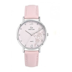 MONTRE GO MADEMOISELLE BRACELET CUIR ROSE AVEC SURPIQURES  BOITIER ARGENTE CADRAN ROSE AVEC DES ROSES EN RELIEF