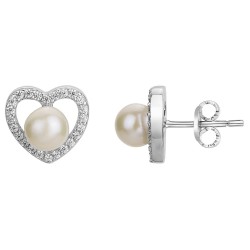 Boucles d'oreilles clous Carador en argent oxydes de zirconium et perle d'eau douce motif coeur