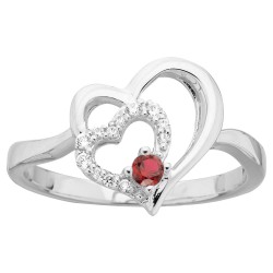 Bague Femme Carador en argent avec oxydes de zirconium et spinelle rouge motif double cœurs entrelacés