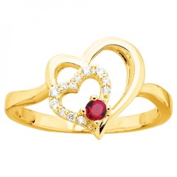 Bague fantaisie femme carador en plaqué or avec oxydes de zirconium et spinelle rouge motif cœurs entrelacés