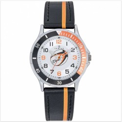 Montre Certus junior bracelet cuir noir et liseré orange motif ballon rugby