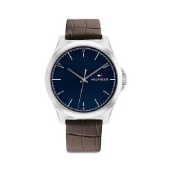 Montre Tommy Hilfiger Homme bracelet cuir marron fond de cadran bleu