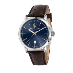 Montre Homme Maserati Epoca bracelet cuir marron fond bleu