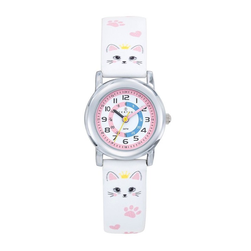 Montre analogique Certus Junior chats bracelet cuir blanc