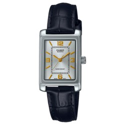 Montre Casio cuir noir forme rectangle argenté index dorés