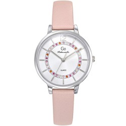 Montre Go femme bracelet cuir rose fond cadran argenté avec oxydes rose