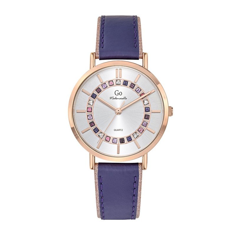 Montre Go femme bracelet cuir et cadran nacre avec oxydes de couleurs