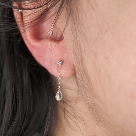 Boucles D'oreilles Pendantes Gouttes Cercles Diamants Plaqué Or Jaune - Longueur 1,9 Pouce, Neuves