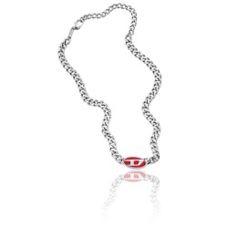 Collier Mixte Diesel maille gourmette en acier argenté et émail rouge motif "D"