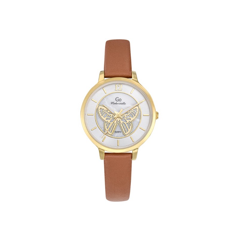 Montre Femme Go Girl Only bracelet simili cuir marron cadran nacre et motif papillon
