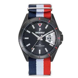 Montre Homme Ruckfield acier noir bracelet en tissu bleu blanc et rouge