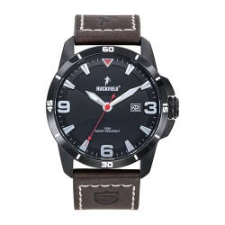 Montre Homme Ruckfield acier noir bracelet cuir marron foncé