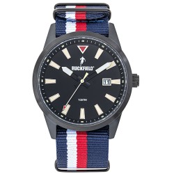 Montre Homme Ruckfield acier noir bracelet en tissu bleu blanc et rouge