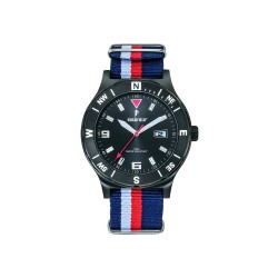 Montre Homme Ruckfield acier noir bracelet en tissu bleu blanc et rouge