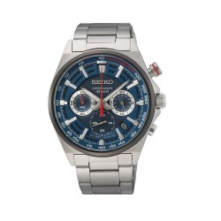 Montre Homme Seiko chronographe bracelet acier cadran bleu nuit et détails rouges