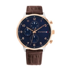 Montre Tommy Hilfiger Homme bracelet en cuir marron et lunette doré rose