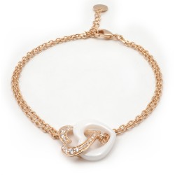 Bracelet fantaisie doubles chaînes et cœurs femme carador en plaqué or avec oxydes de zirconium et céramique blanche