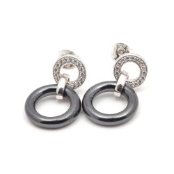 Boucles d'oreilles femme Carador doubles anneaux pendantes en argent et céramique noire avec oxydes de zirconium