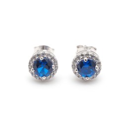 Boucles d'oreilles clous Carador en argent  et  oxydes de zirconium et spinelle bleue