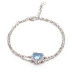 Bracelet doubles chaînes femme carador en argent motif cœur avec oxyde de zirconium bleu