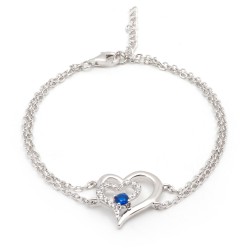 Bracelet femme fantaisie Carador double chaînes en argent  et spinelles bleu  et blanc motif coeurs entrelacés