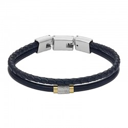 Bracelet Homme Fossil en acier et cuir noir